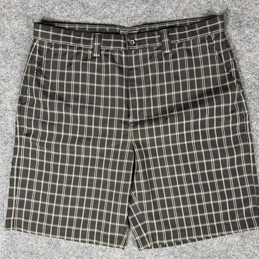 IZOD XFG Mens Golf Shorts Sz 36 Black Tan Plaid Performance Polyester Flat Front